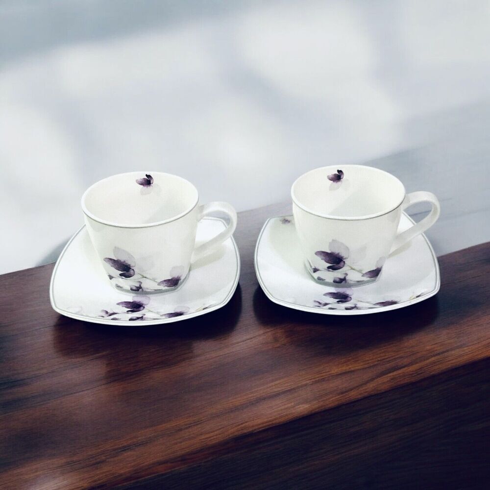 Nano Cups & Saucers Purple Floral Coffee Tea Dinnerware Set Of 2